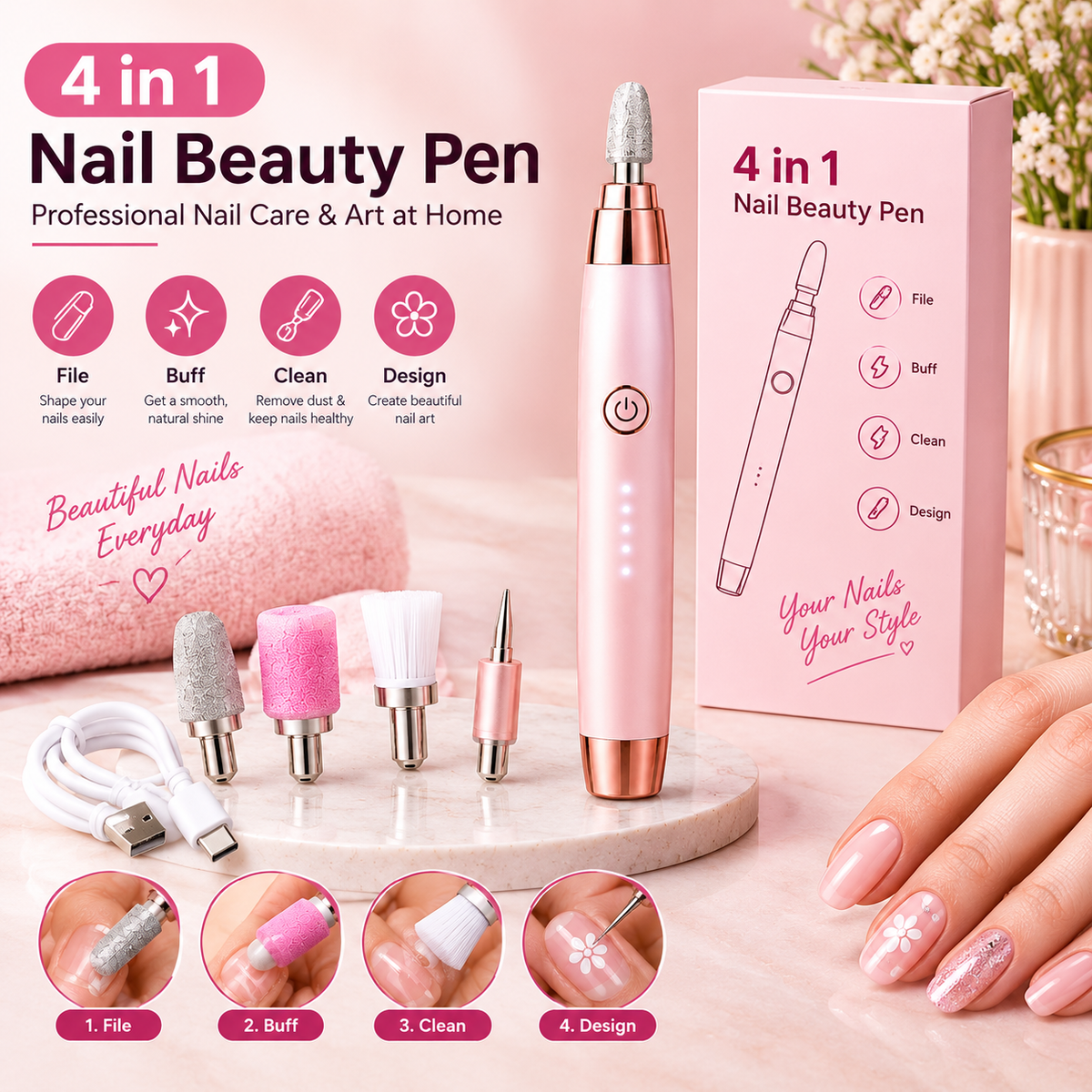 4-in-1 Nail Beauty Pen | File, Buff, Clean & Create Nail Art