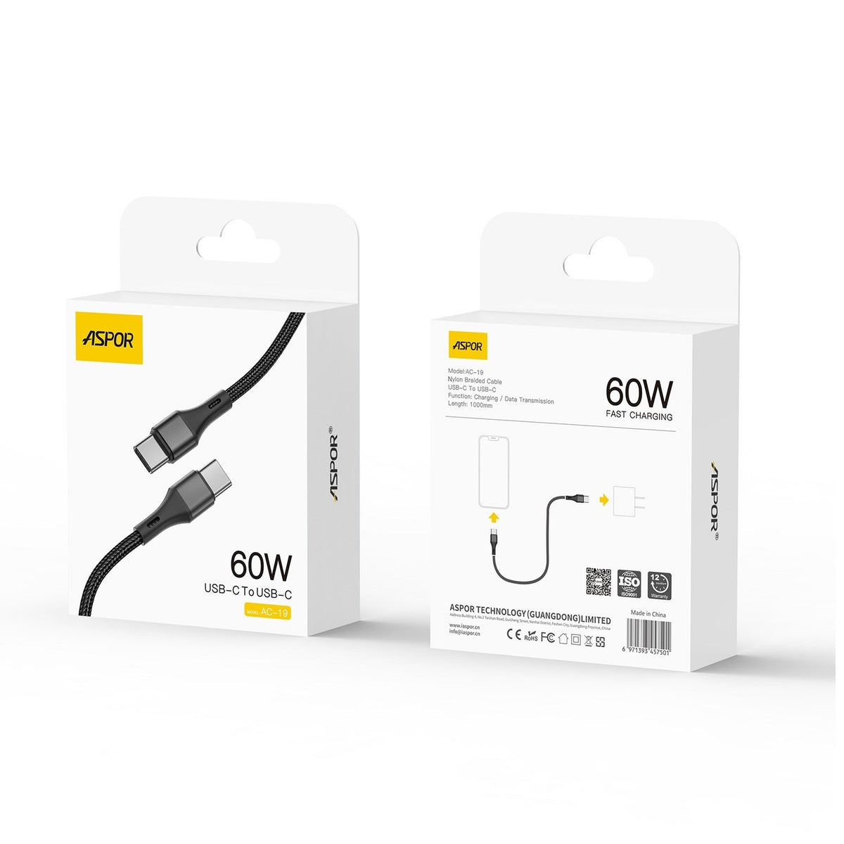 Aspor Ac-19 60w Type-c To Type-c Fast Charging Data Cable 1m